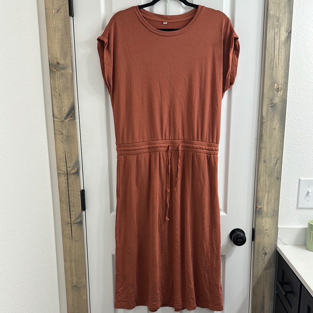 Inherit Rust Orange dress with Cuffed Short Sleeves
